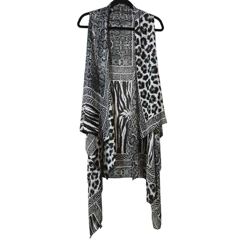 Chic Artsy Animal Print Kimono Vest Black White Handkerchief Hem Size S/M